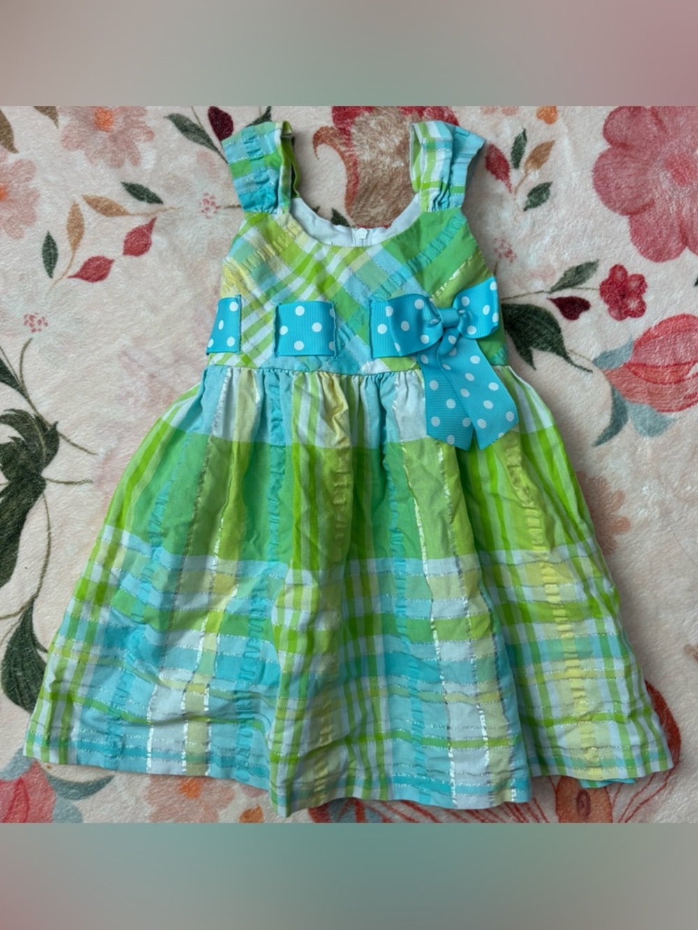 Bonnie Jean Aqua and Lime Plaid Dress with Polka Dot Bow